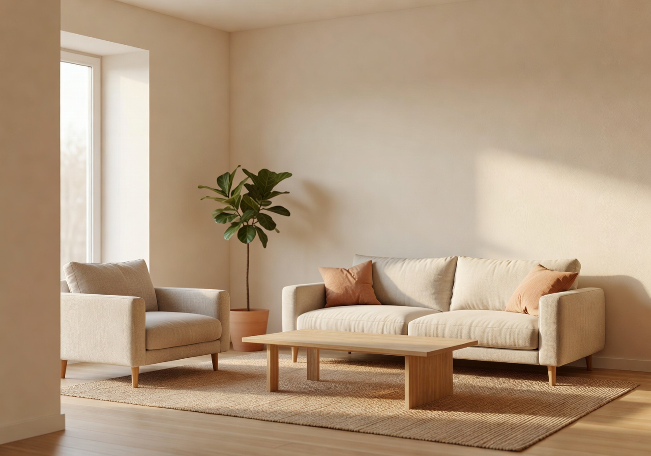 Minimalist, warm living room representing a calm environment