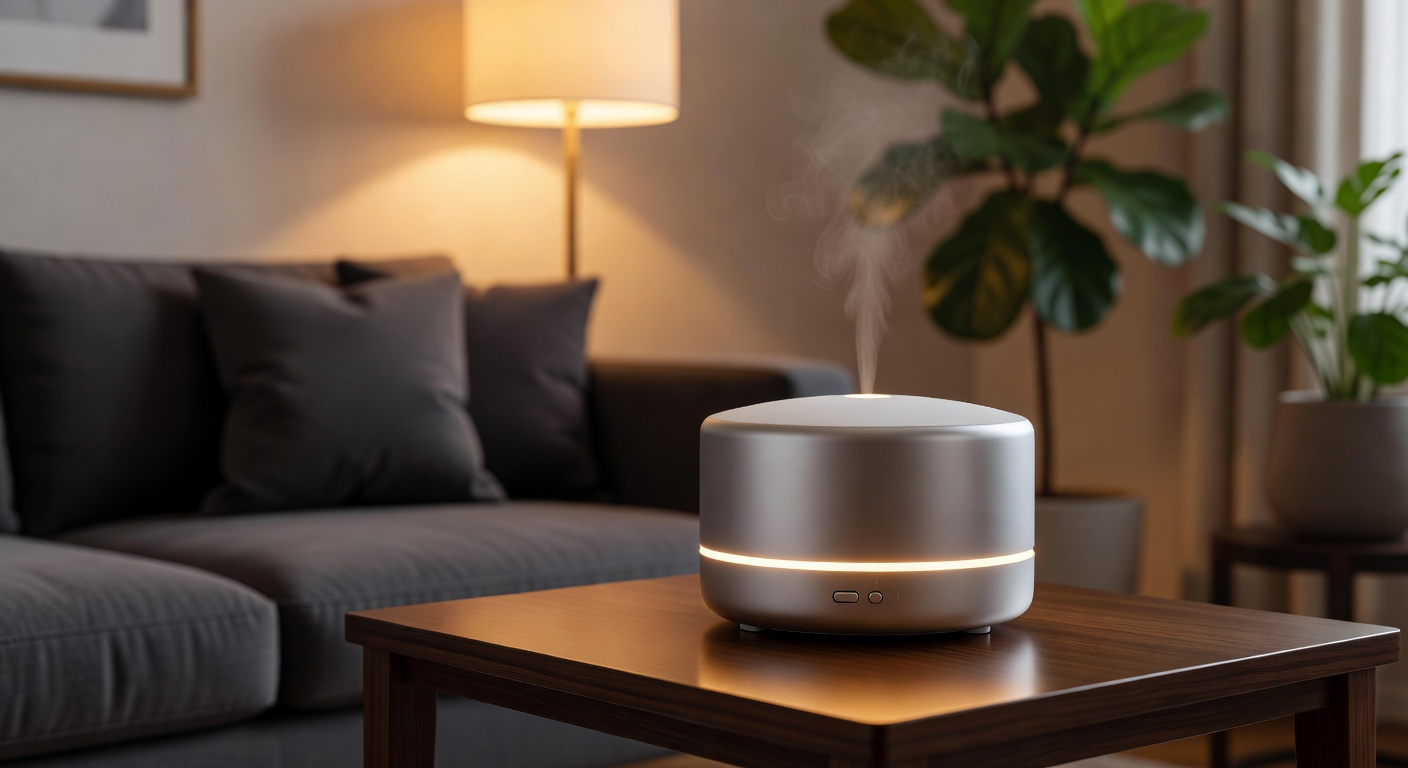 Warm ambient light reflecting off a modern smart home diffuser